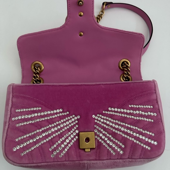 AUTH Gucci Pink Velvet Crystal GG Marmont Cossbody Shoulder Bag - Picture 5 of 7